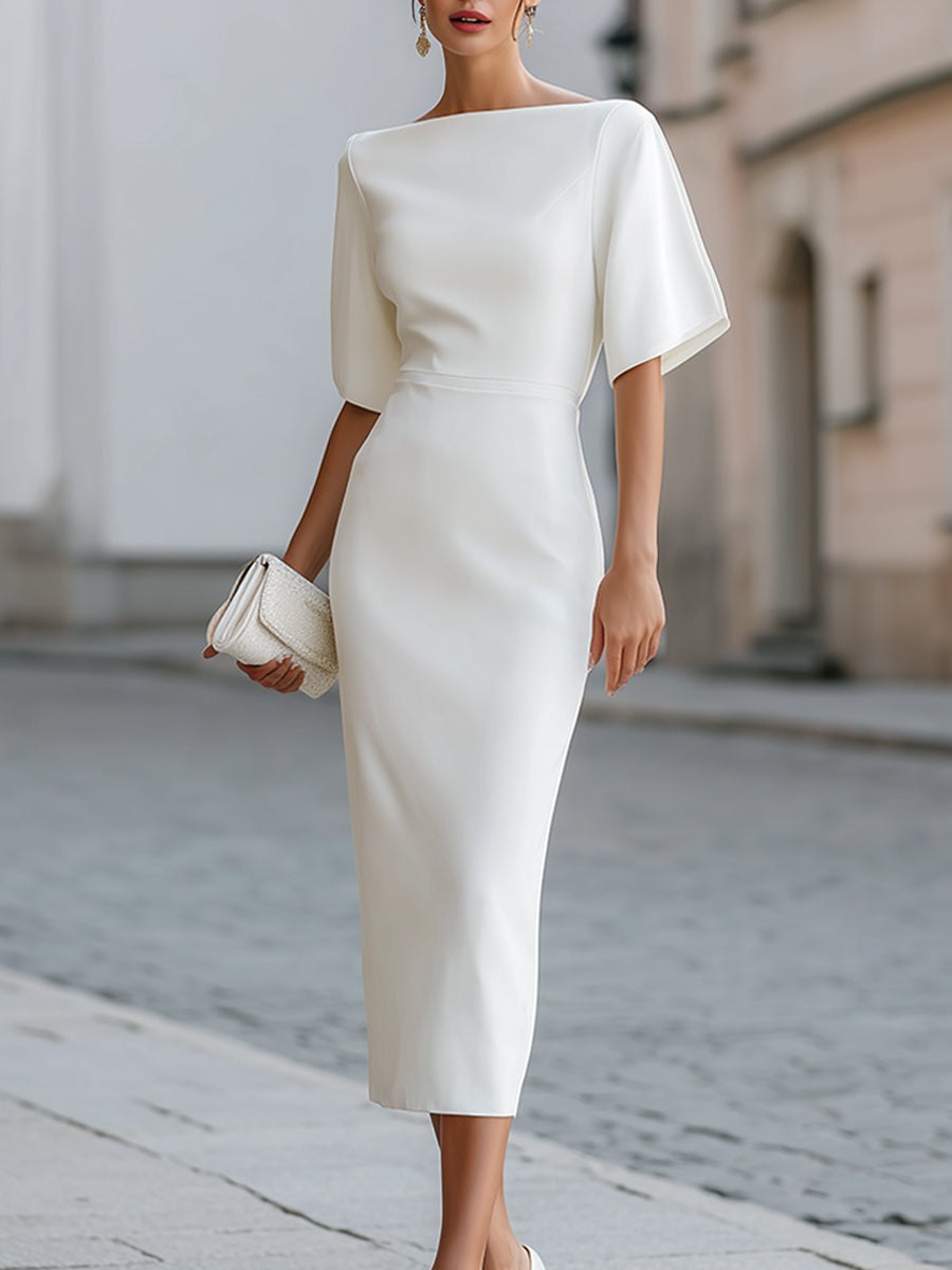 Christine Brewer boat-neck short-sleeve midi dress for women, featuring a stylish and comfortable design in a natural fabric.