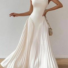 White Christine Brewer A-Line maxi dress with loose pleats, V-neck, and solid color design, perfect for elegant, flowy style.