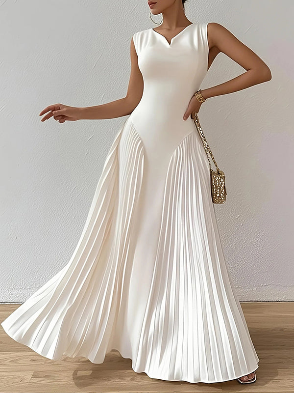 White Christine Brewer A-Line maxi dress with loose pleats, V-neck, and solid color design, perfect for elegant, flowy style.