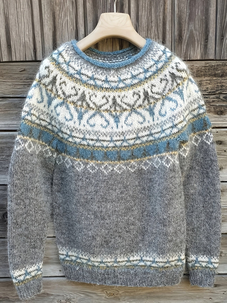 Fair Isle Nordic sweater for women by Christine Brewer featuring intricate winter patterns and cozy knit fabric.