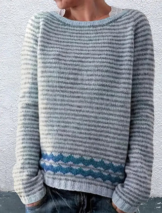 Christine Brewer Aria striped sweater, relaxed fit, classic chic sweater with blue and white horizontal stripes, casual style.