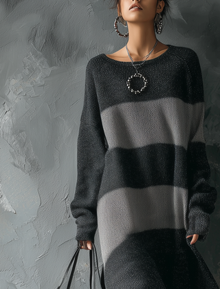 Christine Brewer retro round-neck contrast knitted midi dress for occasions, featuring a stylish design and comfortable fit.