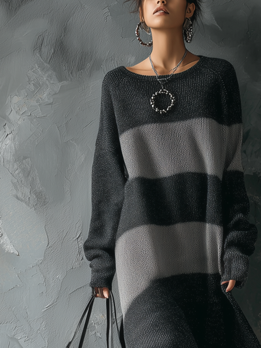 Christine Brewer retro round-neck contrast knitted midi dress for occasions, featuring a stylish design and comfortable fit.