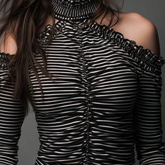 Black striped high neck cold-shoulder ruched T-shirt by Christine Brewer, featuring a fitted design and stylish shoulder cutouts.