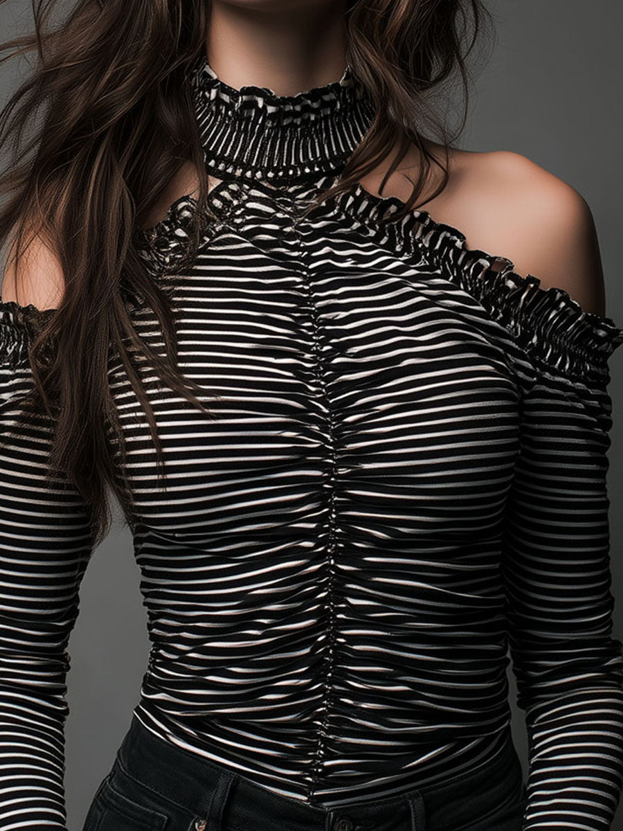 Black striped high neck cold-shoulder ruched T-shirt by Christine Brewer, featuring a fitted design and stylish shoulder cutouts.