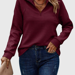 Women's Ruth half-zip sweater by Christine Brewer, in soft knit fabric, featuring a high collar and casual fit.