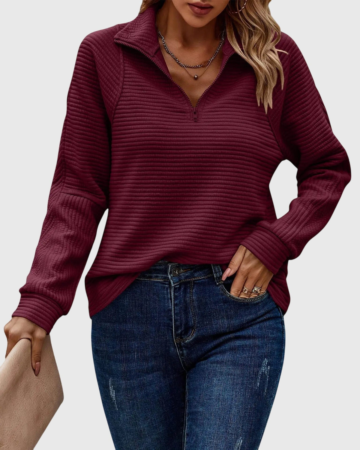 Women's Ruth half-zip sweater by Christine Brewer, in soft knit fabric, featuring a high collar and casual fit.