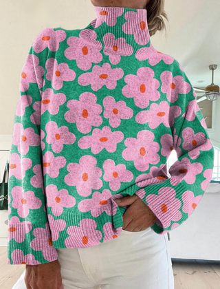 Gianna floral ribbed sweater for women by Christine Brewer, featuring a colorful floral pattern and cozy ribbed knit texture.