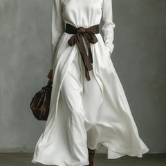 Color-blocked belted high-neck long-sleeve maxi dress by Christine Brewer, casual style with vibrant color accents and a flowing silhouette.