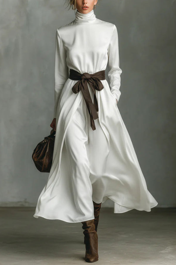 Color-blocked belted high-neck long-sleeve maxi dress by Christine Brewer, casual style with vibrant color accents and a flowing silhouette.