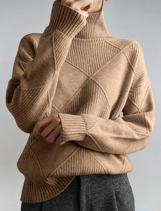 Christine Brewer Bella tailored turtleneck sweater, versatile knit with a fitted design in neutral color, close-up of the sweater fabric.