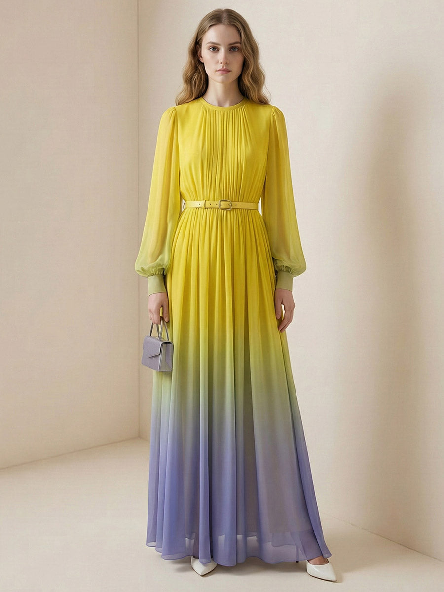 Christine Brewer high-waisted long sleeve maxi dress with belt, contrast color gradient, pleated design, split joint, and round neck.