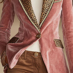 Pink velvet leopard print blazer with one-button closure, stylish jacket from Christine Brewer, featuring a tailored fit and bold pattern.