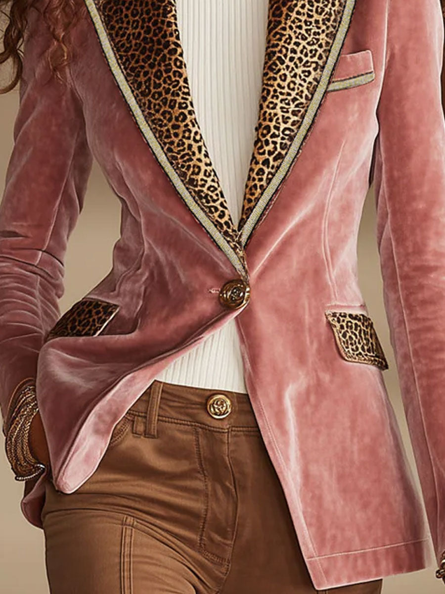 Pink velvet leopard print blazer with one-button closure, stylish jacket from Christine Brewer, featuring a tailored fit and bold pattern.