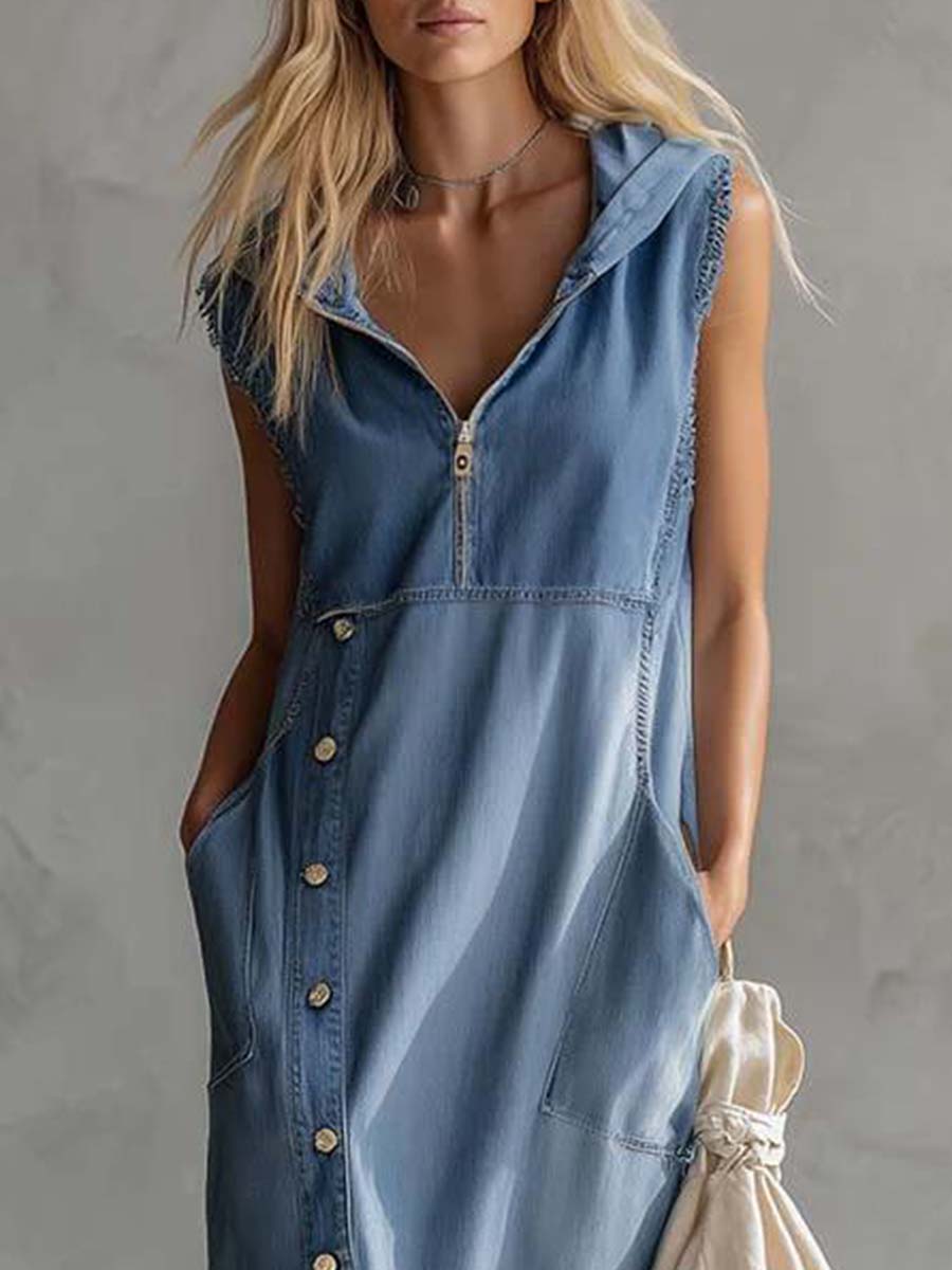 Blue denim V-neck midi dress by Christine Brewer, casual dress with sleeveless design and fitted waist, shown on a model.