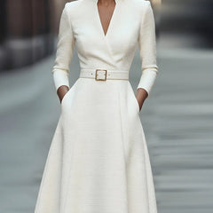 Gold V-neck A-line midi dress for women with three-quarter sleeves by Christine Brewer, stylish and elegant for various occasions.