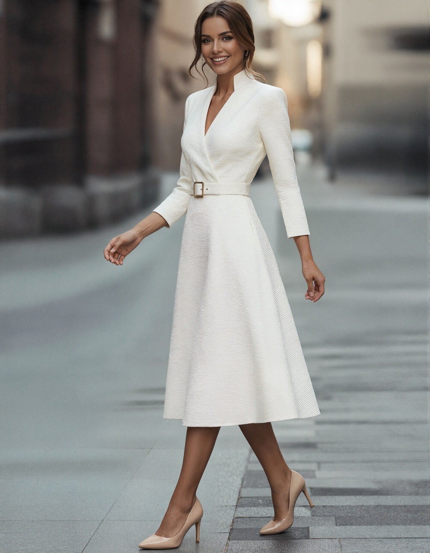 Gold V-neck A-line midi dress for women with three-quarter sleeves by Christine Brewer, stylish and elegant for occasions.
