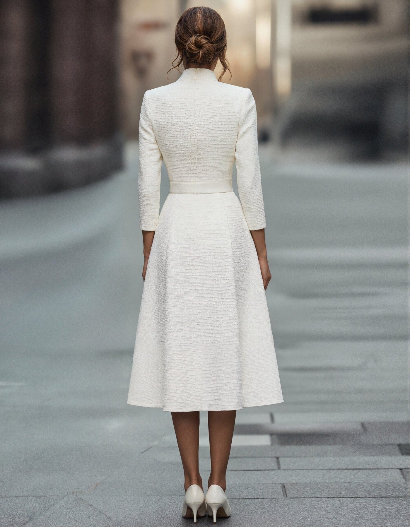 Gold V-neck A-line midi dress for women by Christine Brewer, featuring three-quarter sleeves and a stylish, elegant design.