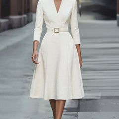Gold V-neck A-line midi dress with three-quarter sleeves for women by Christine Brewer, shown on a model.