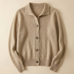 Christina cashmere high neck cardigan for women by Christine Brewer, soft beige knit with long sleeves and button closure.