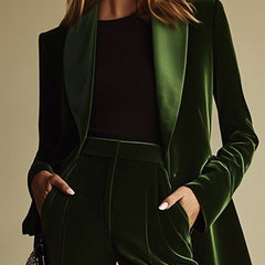 Emerald green velvet two-piece pants suit for women by Christine Brewer, featuring a loose fit and stylish design.