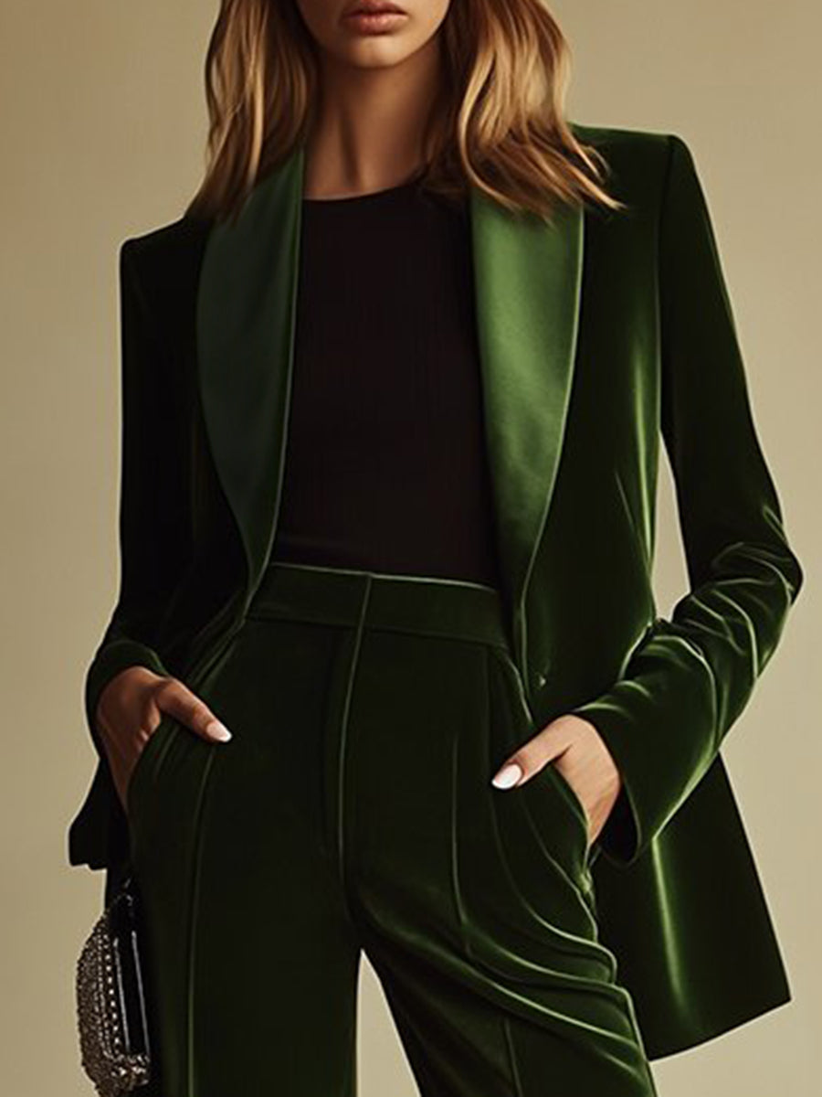 Emerald green velvet two-piece pants suit for women by Christine Brewer, featuring a loose fit and stylish design.