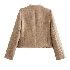 Charlotte short tweed blazer jacket with buttons for women by Christine Brewer, featuring a stylish tailored fit and classic design.