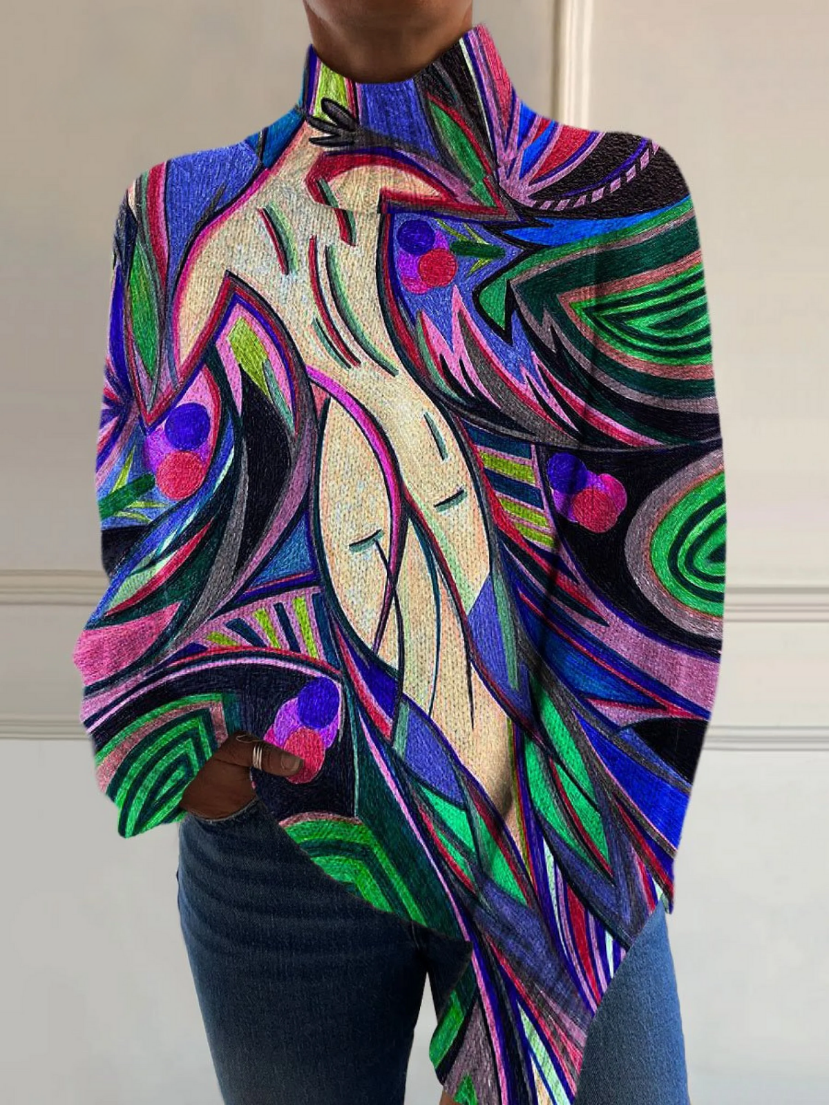 Women’s Alexis graphic sweater by Christine Brewer featuring colorful abstract designs and a cozy knit texture.