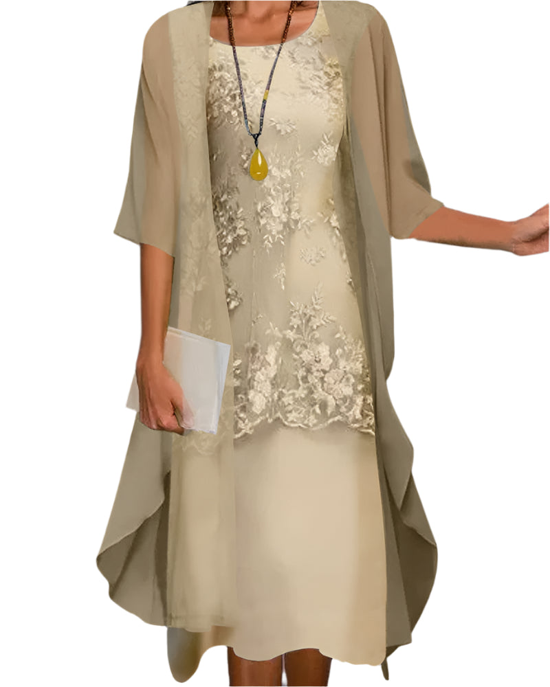 Caroline | Wedding Guest Dress Midi Dress Women Sheer Sleeve Cocktail Dress Formal Layered Flowy