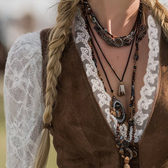 Women’s brown suede lace sleeve western shirt by Christine Brewer, stylish blouse with detailed lace accents and western-inspired design.