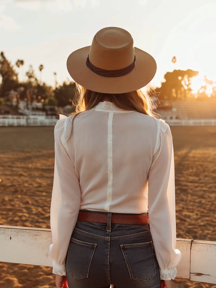 White lace Western button-down shirt for women by Christine Brewer, featuring intricate lace details and classic Western design.
