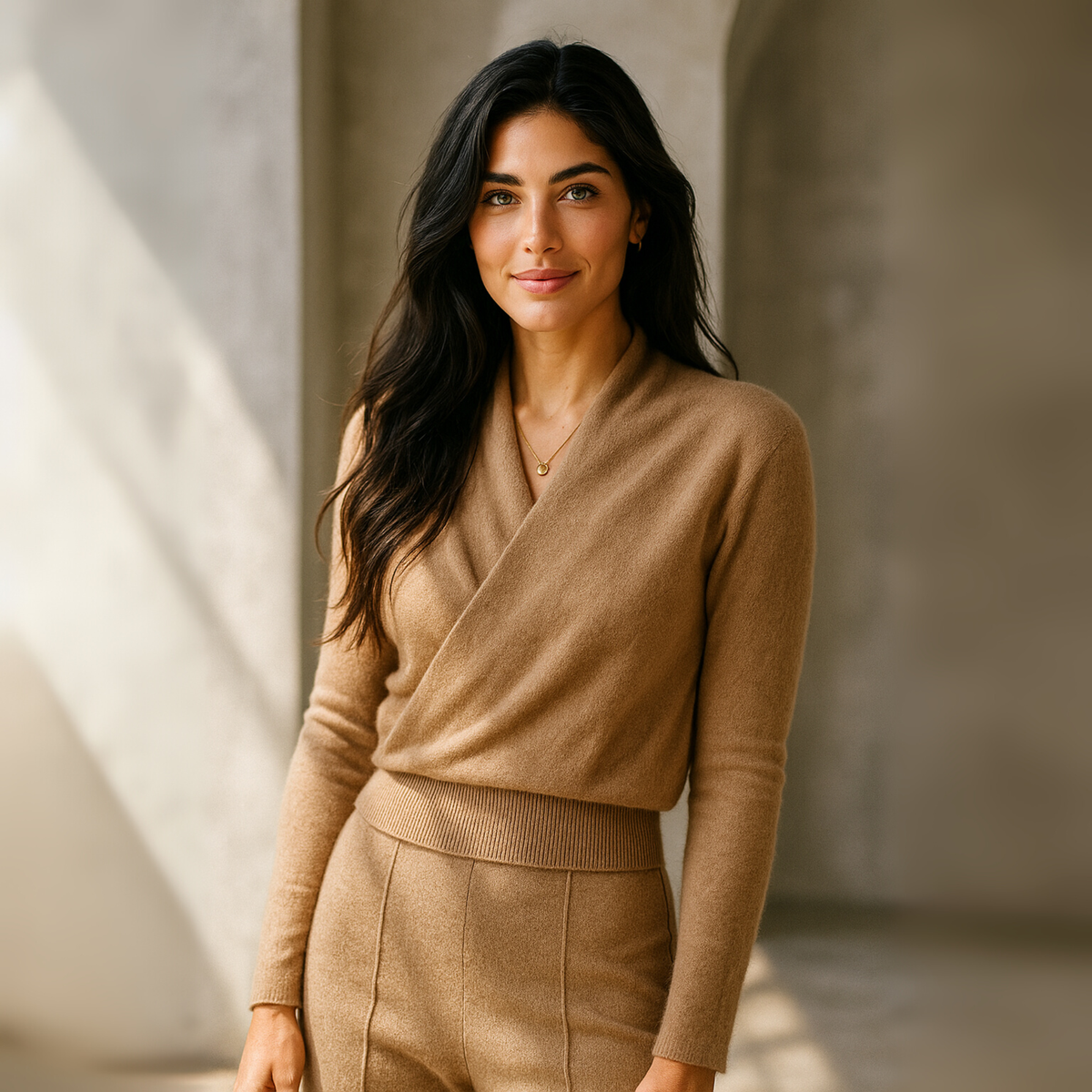 Helen cashmere sweater for women by Christine Brewer, soft knit with long sleeves and a cozy fit, in a neutral color.