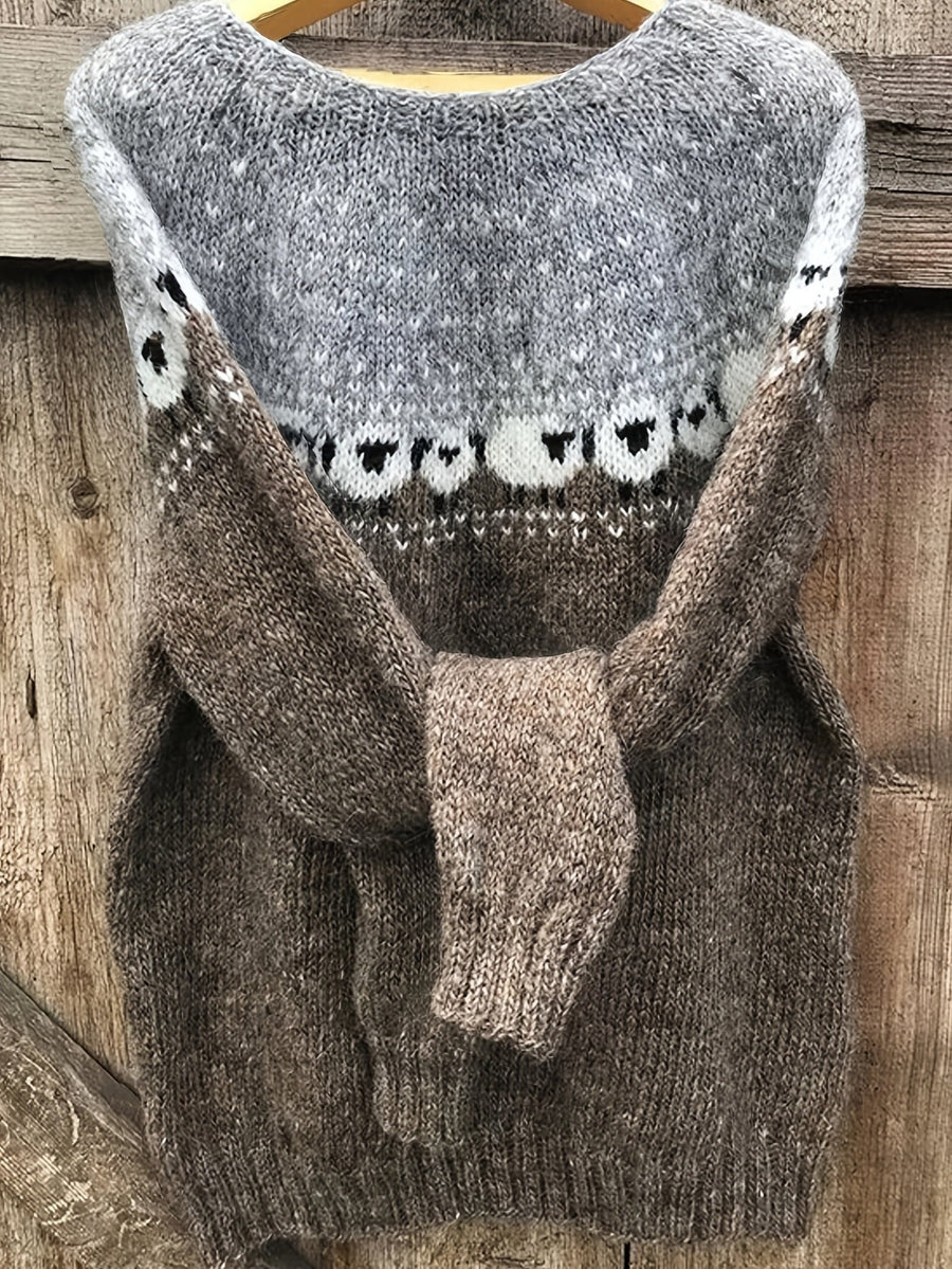 Violet Jacquard Nordic sweater for women by Christine Brewer featuring a detailed knit pattern and cozy design.