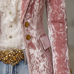 Pink velvet blazer for women with gold buttons, stylish jacket from Christine Brewer featuring a fitted design and elegant details.