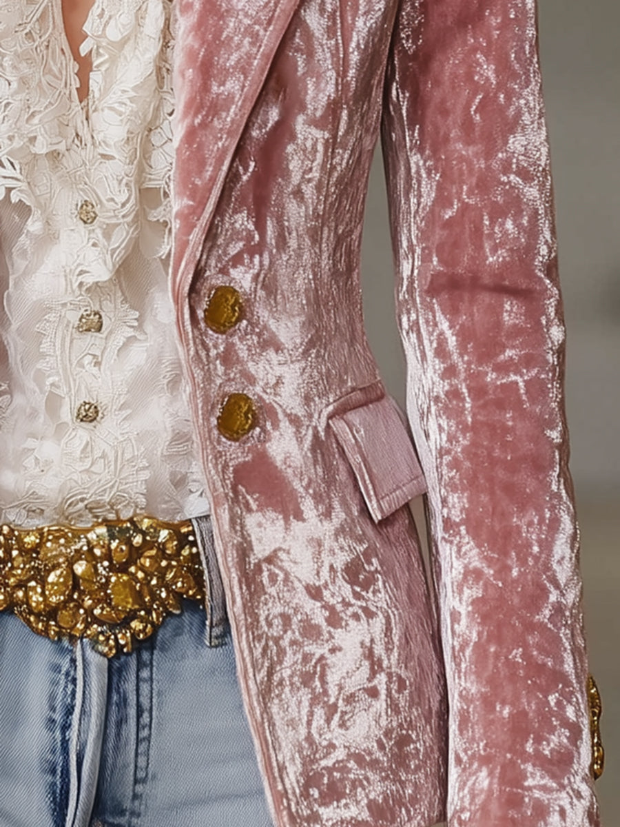 Pink velvet blazer for women with gold buttons, stylish jacket from Christine Brewer featuring a fitted design and elegant details.