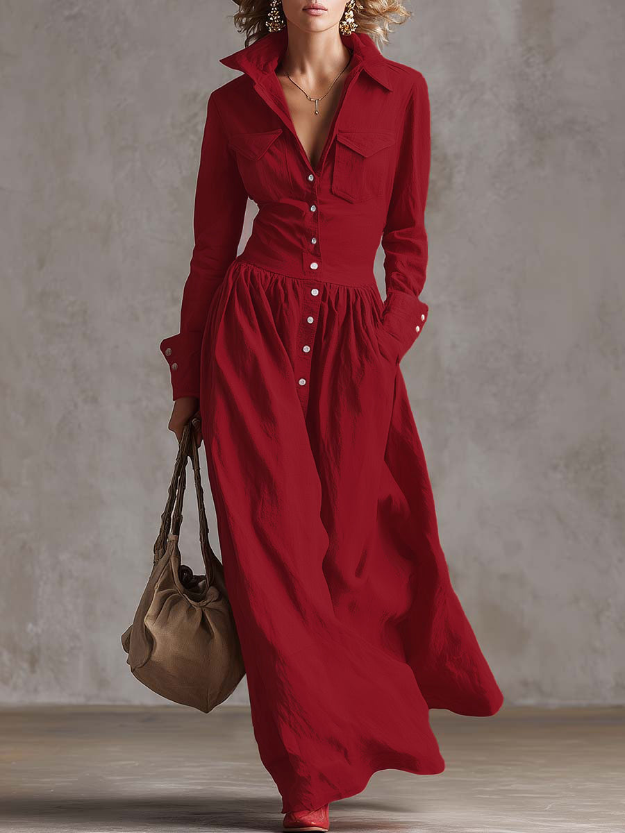 Christine Brewer high waisted maxi dress with long sleeves, buttoned pleated pockets, split-joint lapel in solid color.