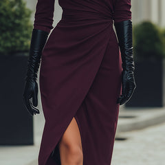 Deep burgundy Christine Brewer draped wrap midi dress with a flowy silhouette, perfect for summer business occasions.