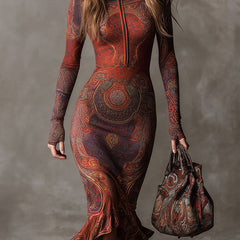 Knit fishtail midi dress by Christine Brewer, casual style, shown in soft fabric with fitted waist and flowing hem.