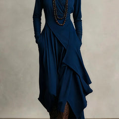 Solid color high-neck long-sleeved casual maxi dress by Christine Brewer, featuring an irregular hem and relaxed fit.
