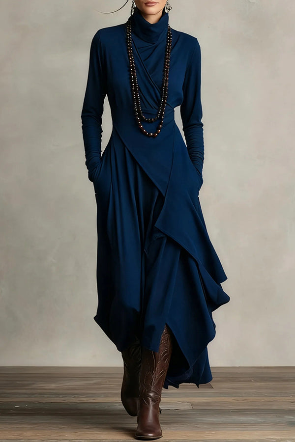 Solid color high-neck long-sleeved casual maxi dress by Christine Brewer, featuring an irregular hem and relaxed fit.