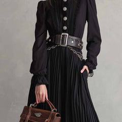 Vintage Christine Brewer midi dress with button lace hem, pleated design, and classic elegance, suitable for stylish occasions.