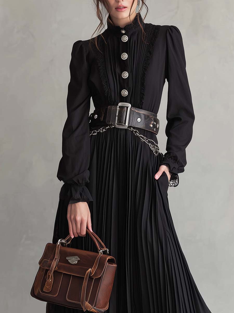 Vintage Christine Brewer midi dress with button lace hem, pleated design, and classic elegance, suitable for stylish occasions.