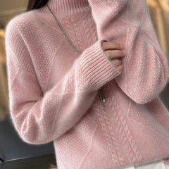 Christine Brewer Selena cable knit turtleneck sweater for women, shown in a cozy, textured design perfect for fall and winter wear.