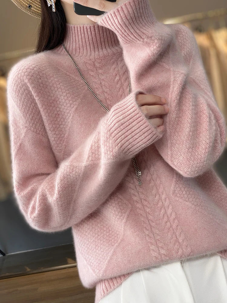 Christine Brewer Selena cable knit turtleneck sweater for women, shown in a cozy, textured design perfect for fall and winter wear.