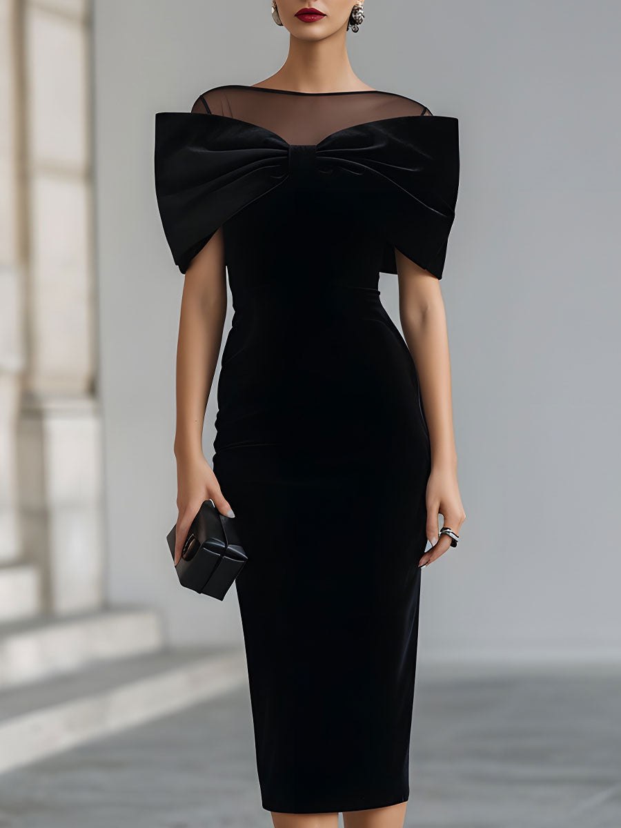Black velvet bow midi dress for women by Christine Brewer, featuring a fitted silhouette and elegant design.