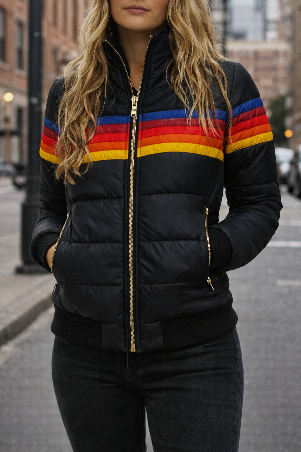 Women’s hooded quilted puffer jacket by Christine Brewer, featuring a stylish quilted design and warm hood for cold weather.