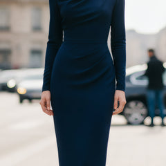 Navy draped long-sleeve midi dress by Christine Brewer, featuring a stylish summer business dress design with flowing fabric.