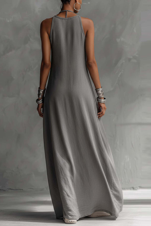 Color-blocked round neck sleeveless maxi dress with casual pockets by Christine Brewer, featuring a loose fit and vibrant design.