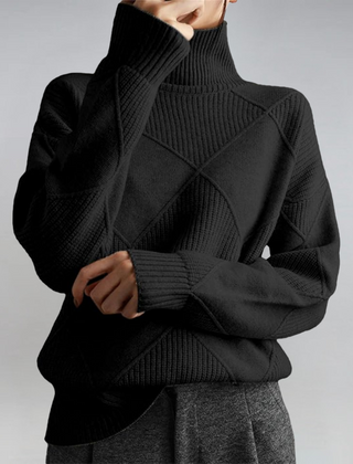 Christine Brewer Bella tailored turtleneck sweater, versatile knit in neutral color, close-up of soft fabric and fitted design.