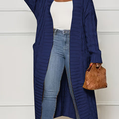 Sadie asymmetric knit cardigan for women by Christine Brewer, featuring a stylish, cozy coat with a unique uneven hem detail.